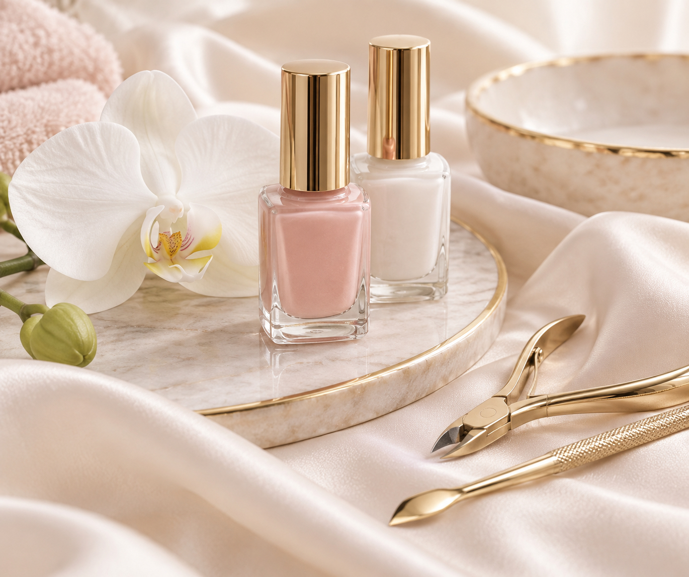 Blush pink nail polish bottles beside a white orchid and gold tools on cream silk
