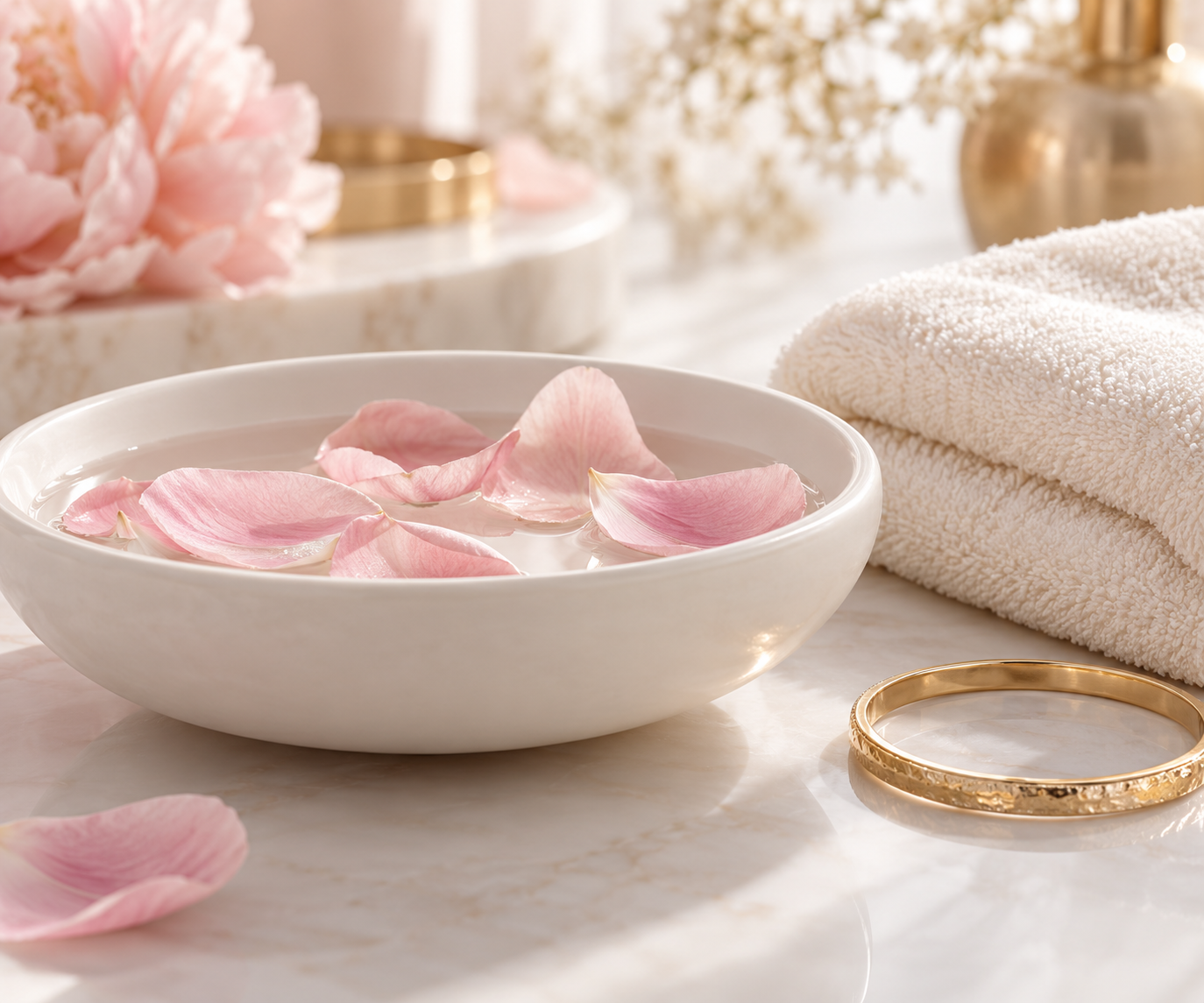 White ceramic dish with pink petals and a folded cream towel beside a gold bracelet